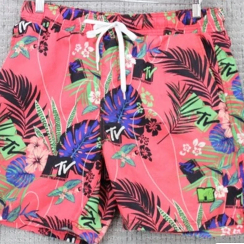 MTV Mens Swim Trunks Shorts Hawaiian Tropical Pink Lined Drawstring